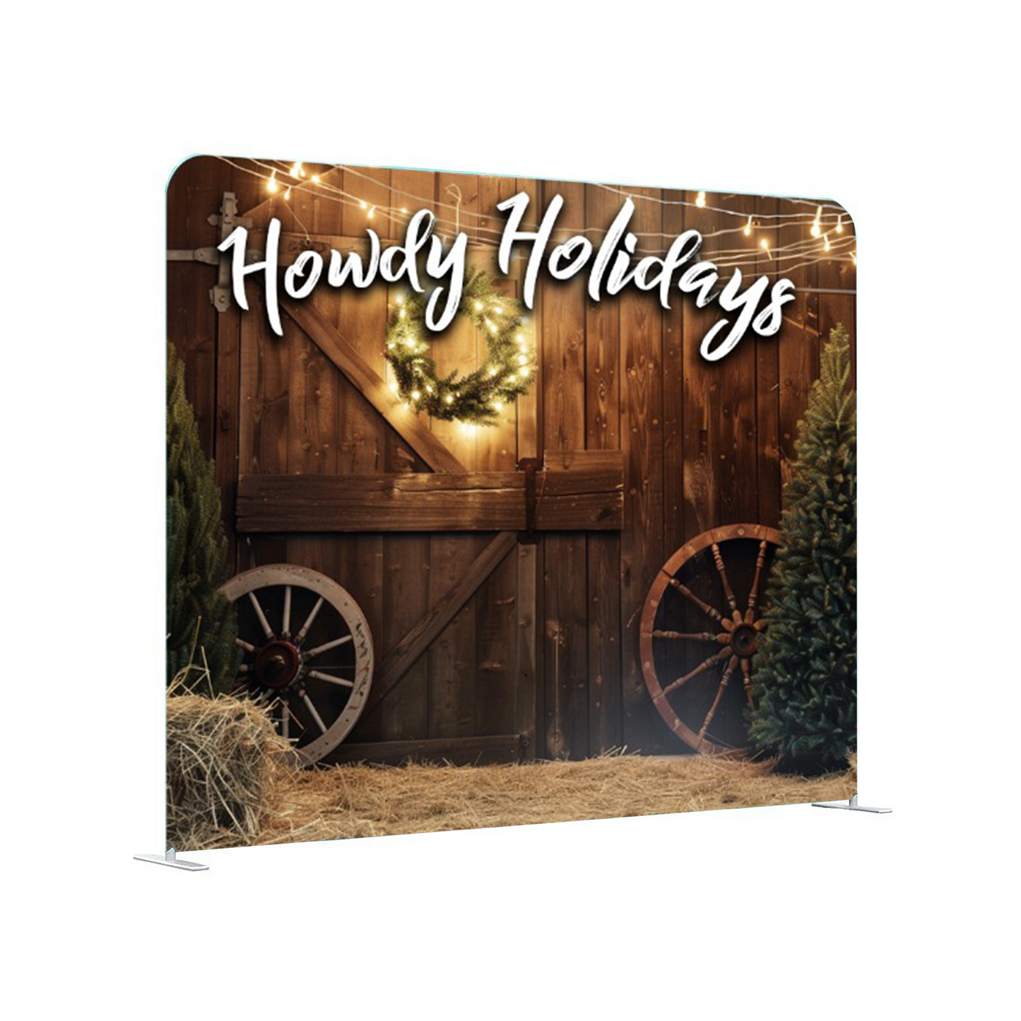 Festive backdrop with 'Howdy Holidays' text, wooden wagon, and wreath on a white background