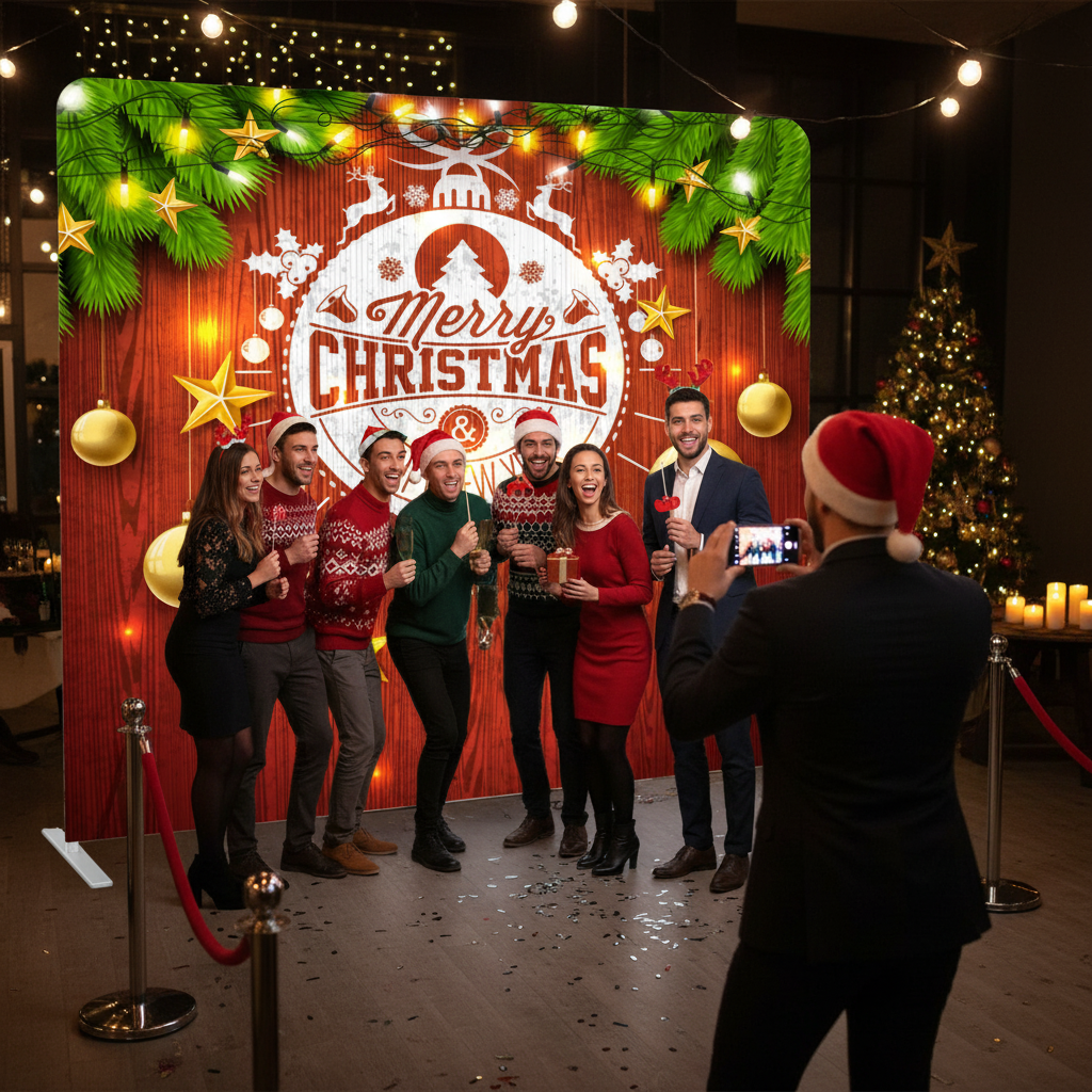 Group of people posing in front of a Christmas-themed backdrop with lights and decorations.