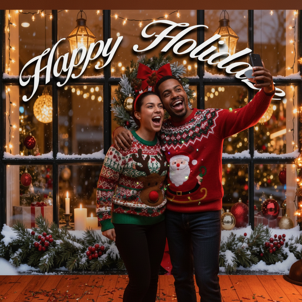 Couple taking a selfie in Christmas-themed sweaters with festive decorations and 'Happy Holidays' text.