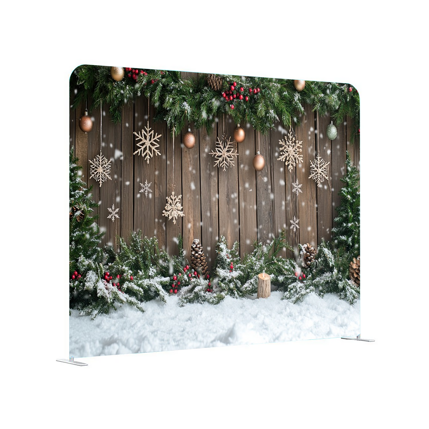 Christmas-themed backdrop with wooden panel, snowflakes, and festive decorations on a white background.