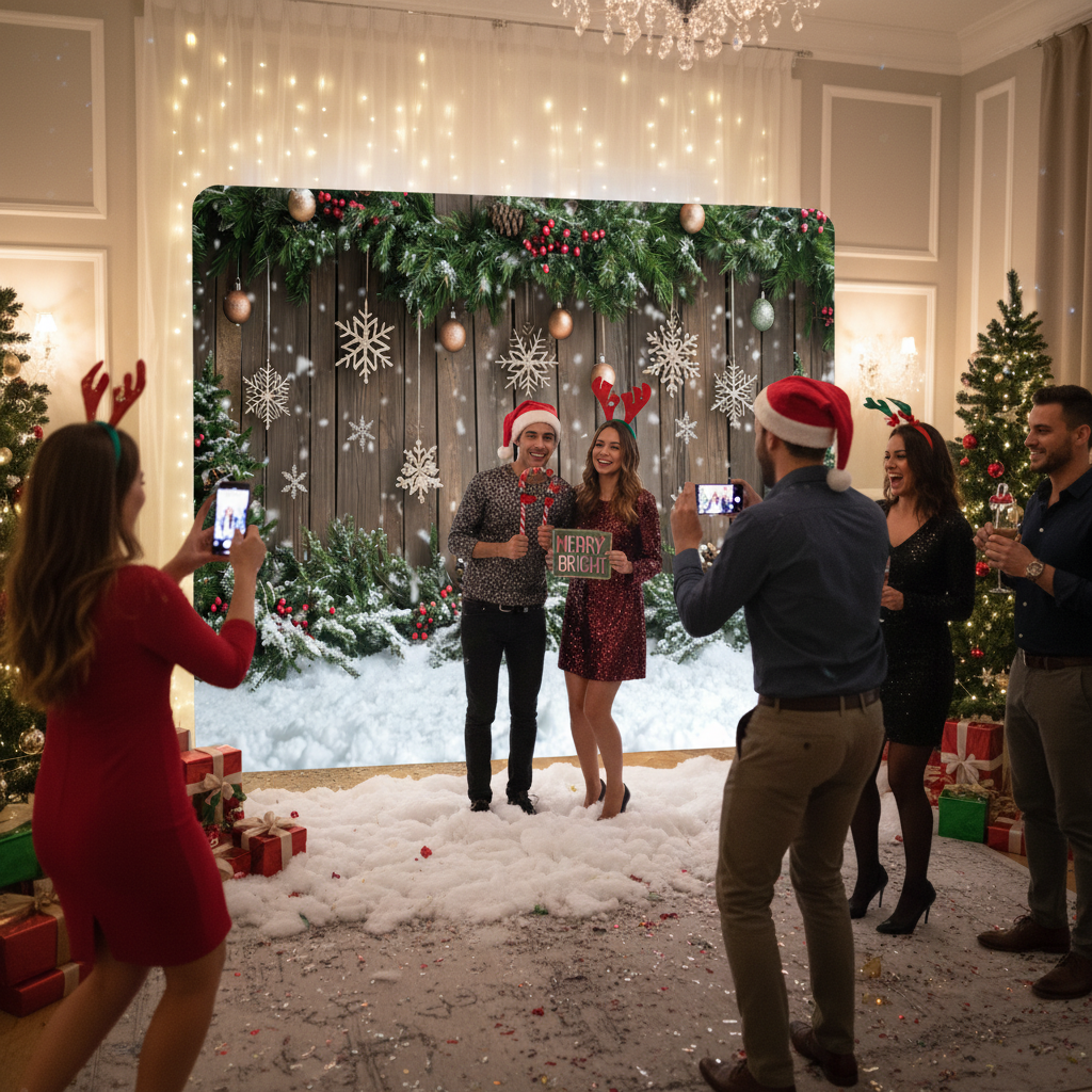 Group of people celebrating Christmas with a decorated backdrop and festive attire.