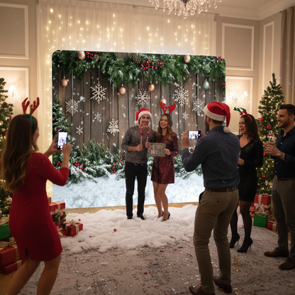 Group of people celebrating Christmas with a decorated backdrop and festive attire.
