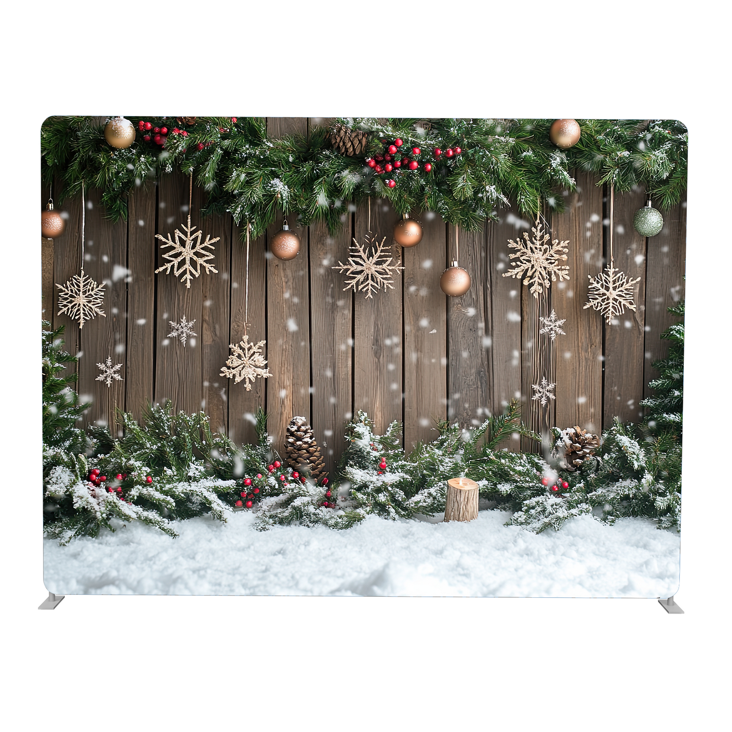 Christmas-themed backdrop with wooden panel, snowflakes, and festive decorations on a white background.
