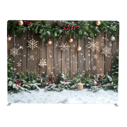 Christmas-themed backdrop with wooden panel, snowflakes, and festive decorations on a white background.
