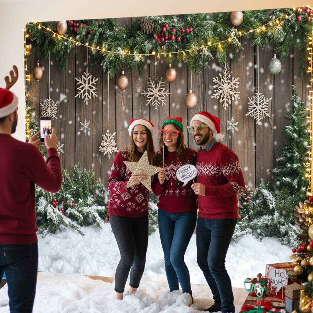 Four people in festive attire posing for a photo in a Christmas-themed setting with decorations and snow effect.