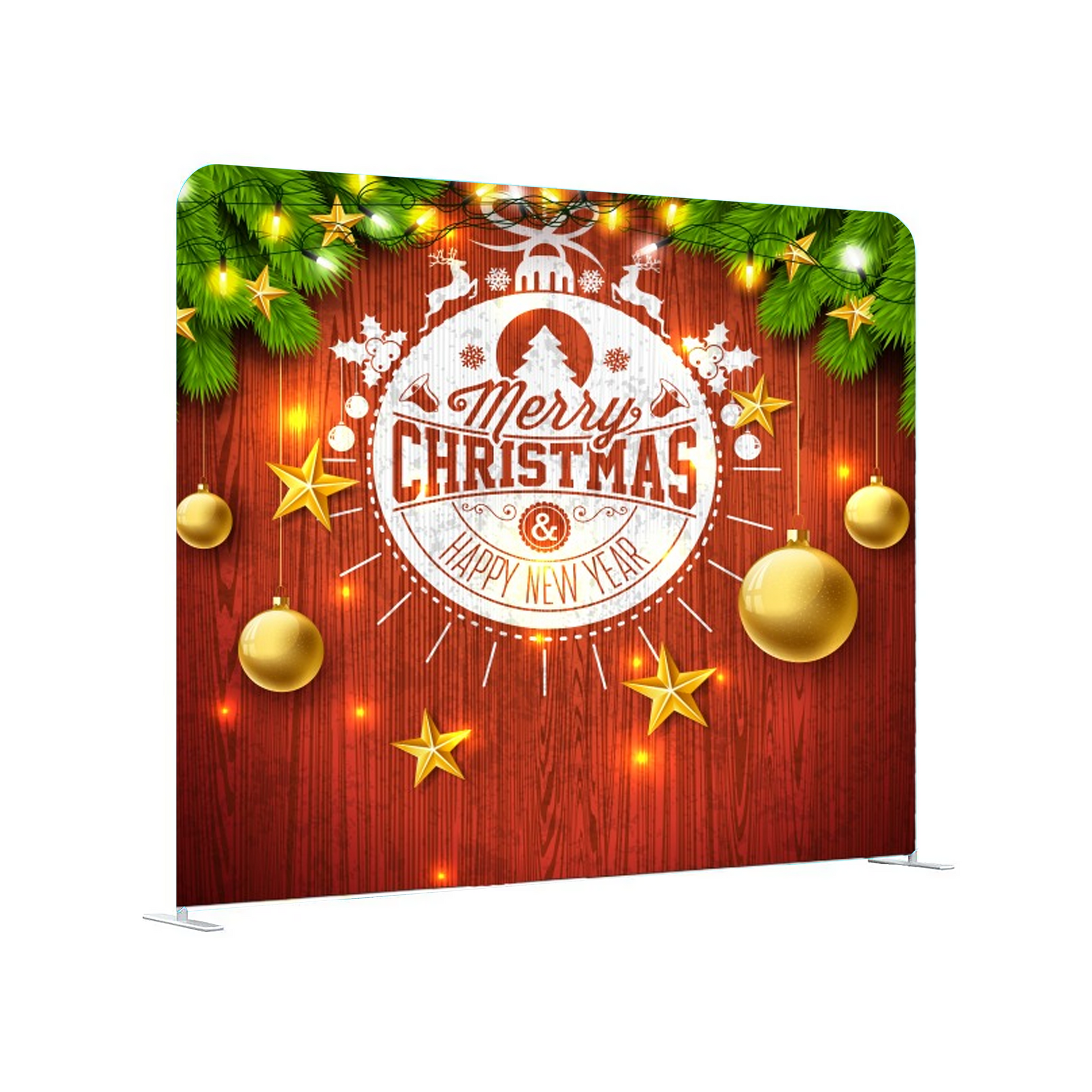 Christmas-themed backdrop with 'Merry Christmas & Happy New Year' text, gold ornaments, and lights on a red wooden background.
