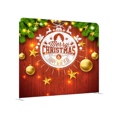 Christmas-themed backdrop with 'Merry Christmas & Happy New Year' text, gold ornaments, and lights on a red wooden background.