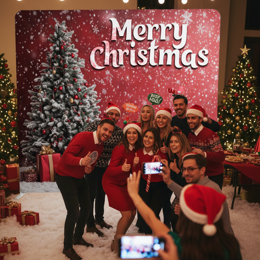 Group of people celebrating Christmas with a 'Merry Christmas' sign and decorated trees.
