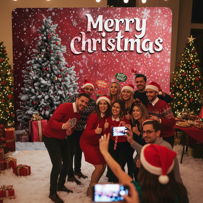 Group of people celebrating Christmas with a 'Merry Christmas' sign and decorated trees.