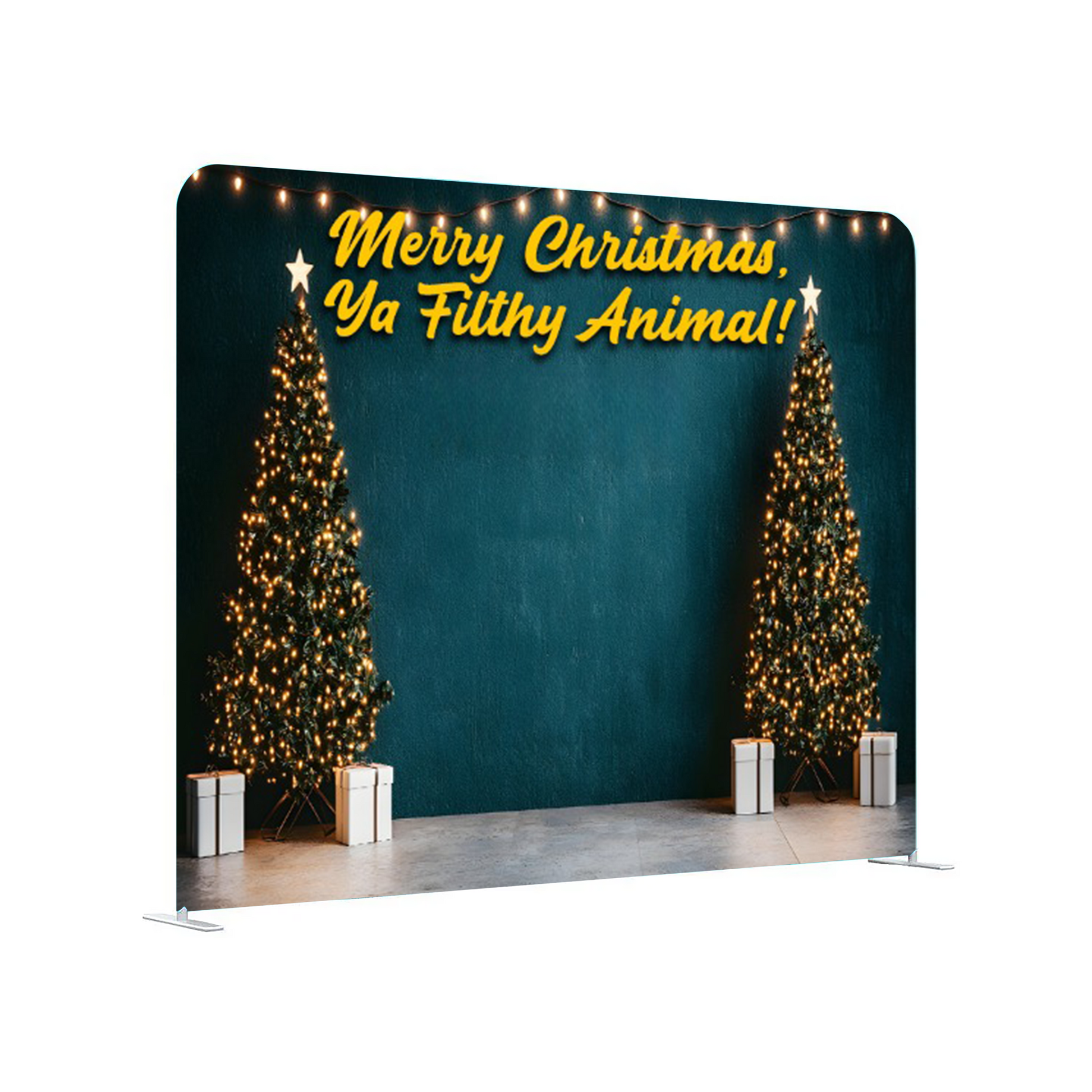 Christmas-themed backdrop with trees and text 'Merry Christmas, Ya Filthy Animal!' on a teal background.