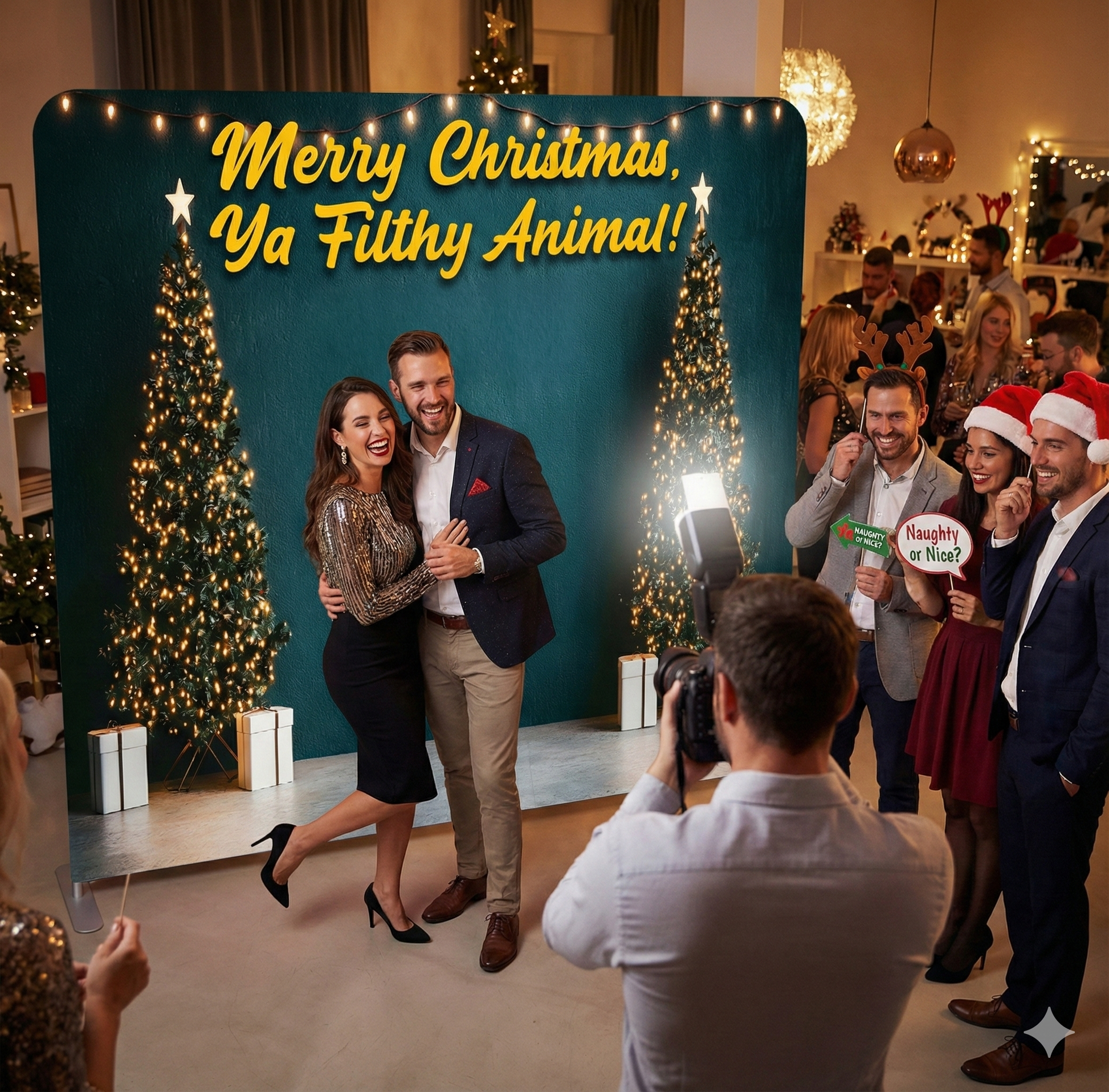 Group of people posing in front of a Christmas-themed backdrop with text and decorations.