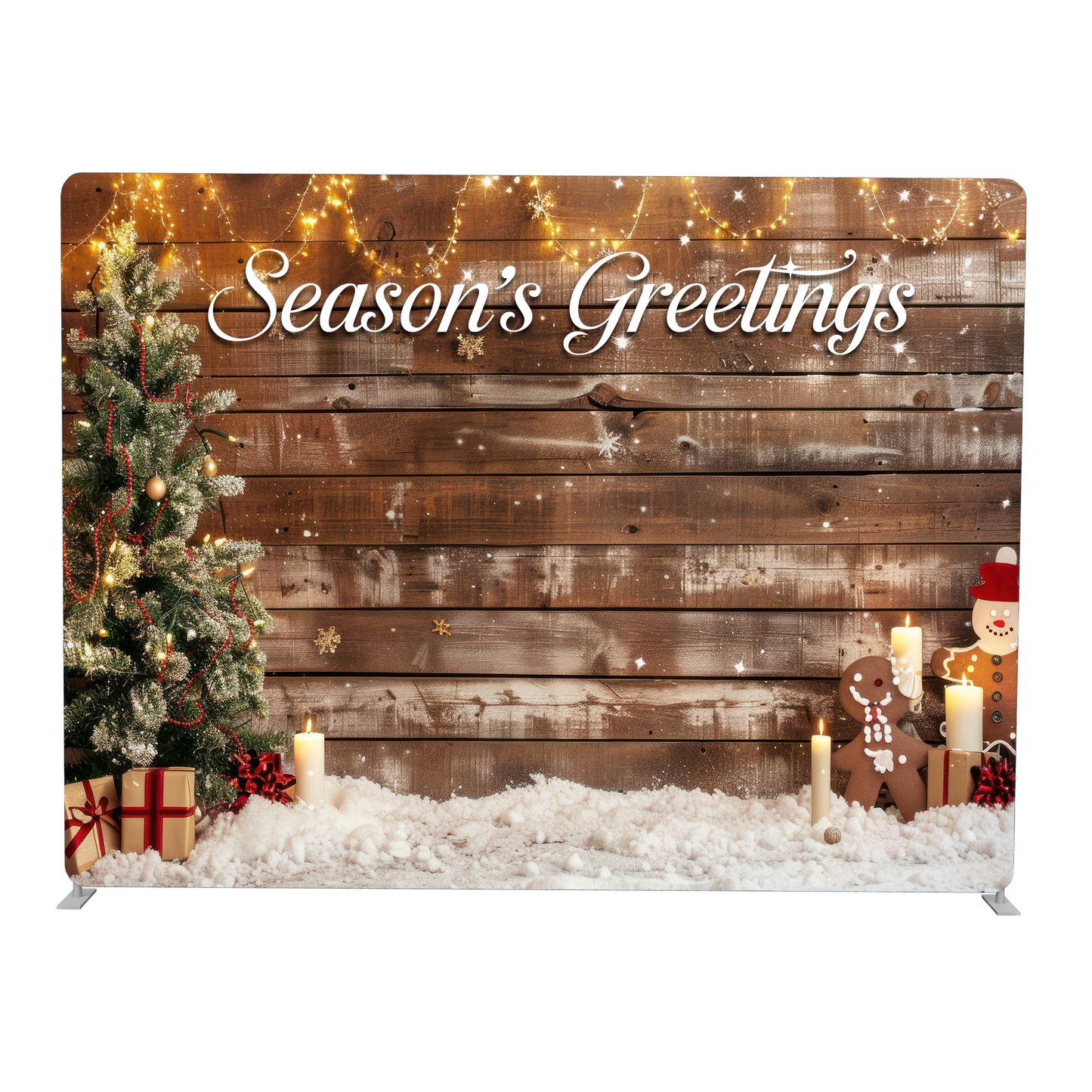 Christmas-themed backdrop with 'Season's Greetings' text, Christmas tree, presents, and gingerbread man.