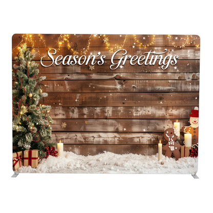 Christmas-themed backdrop with 'Season's Greetings' text, Christmas tree, presents, and gingerbread man.