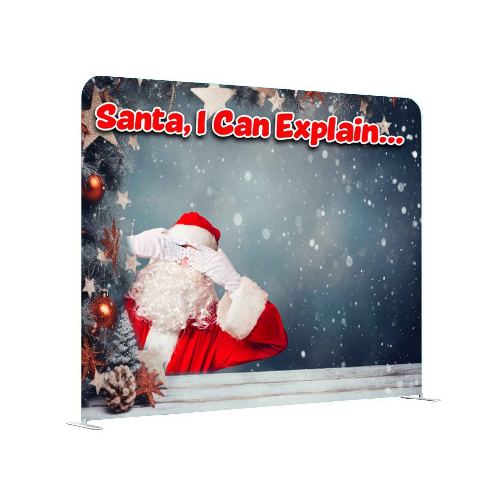 Christmas-themed backdrop with Santa Claus and text 'Santa, I Can Explain...' on a snowy background.