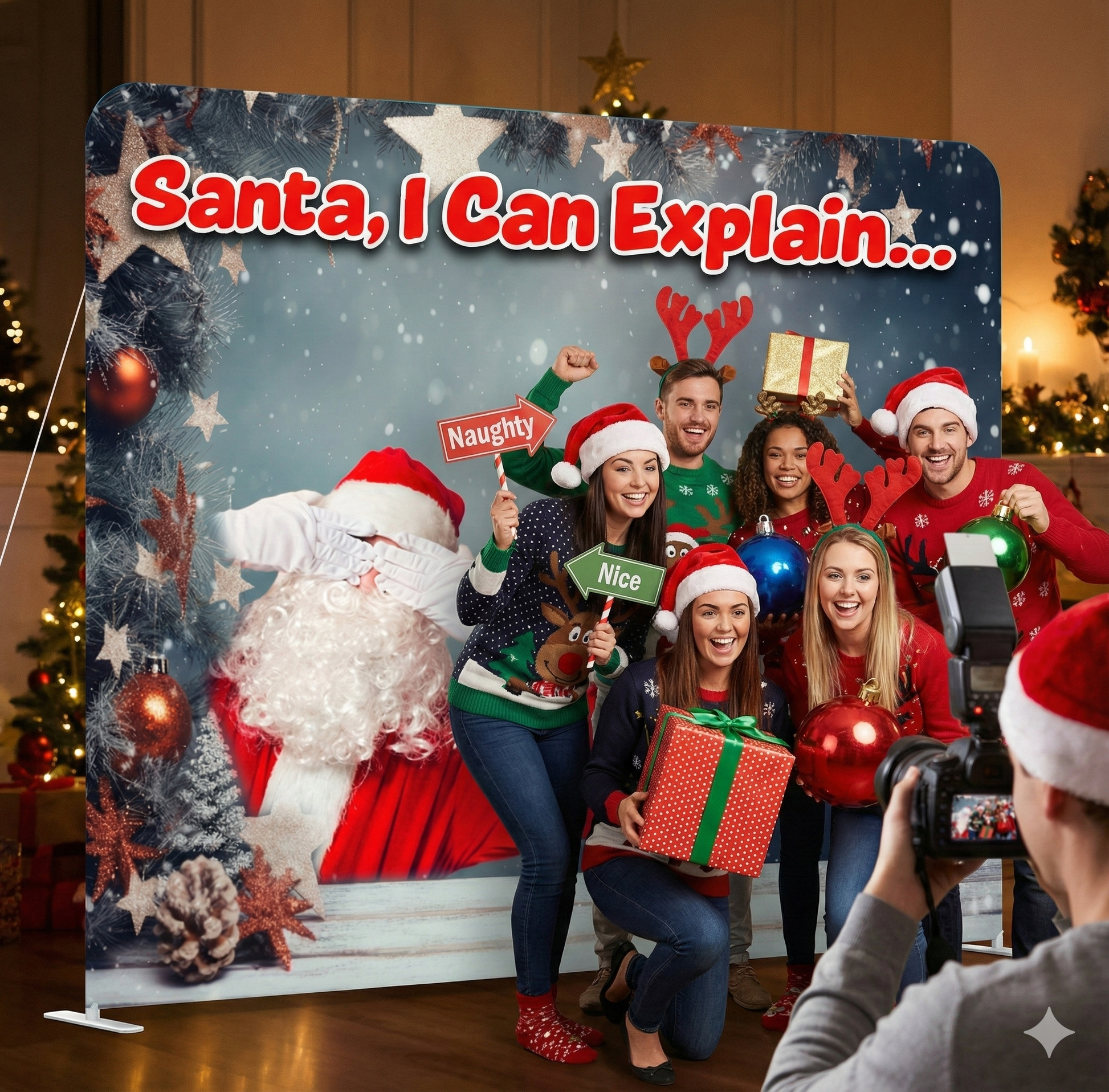 Group of people posing in front of a Christmas-themed backdrop with text 'Santa, I Can Explain'.