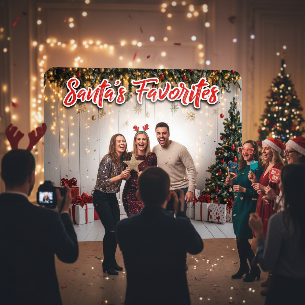 Group of people celebrating Christmas with a decorated room and 'Santa's Favorites' text.
