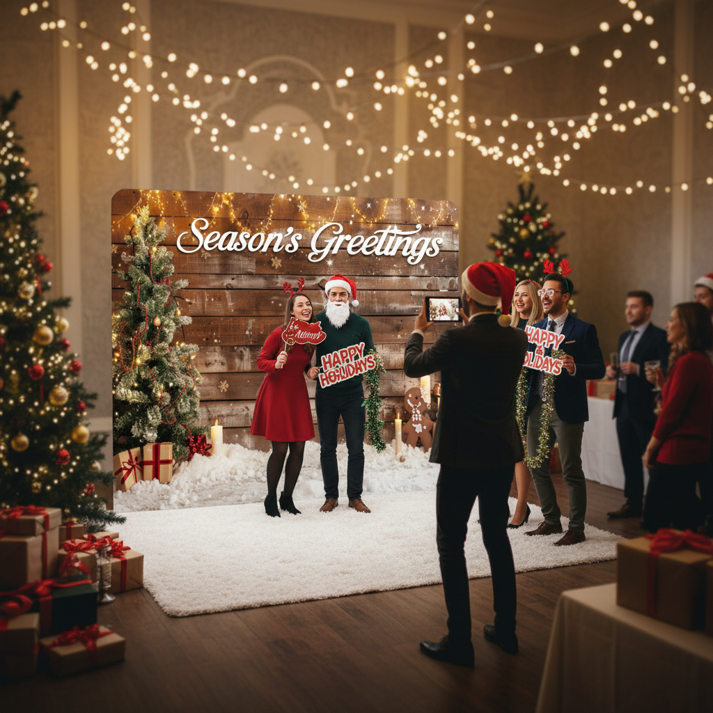 Group of people celebrating Christmas with festive decorations and 'Season's Greetings' sign.