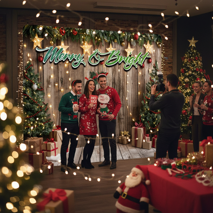 Group of people in festive sweaters posing in a Christmas-themed room with decorations and 'Merry & Bright' sign.