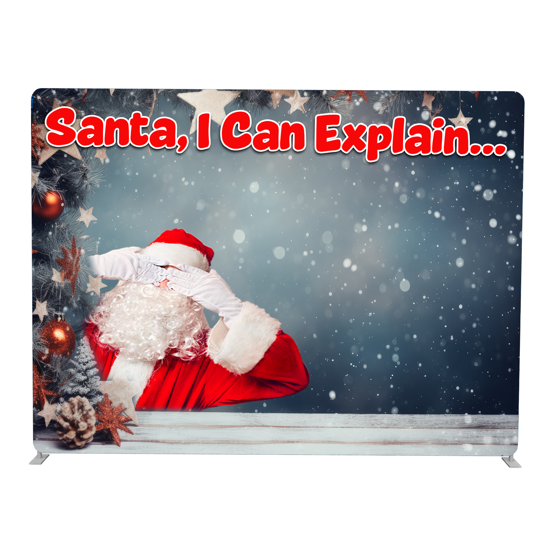 Santa Claus leaning against a Christmas tree with text 'Santa, I Can Explain...' on a snowy background.