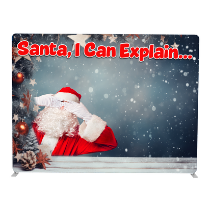 Santa Claus leaning against a Christmas tree with text 'Santa, I Can Explain...' on a snowy background.