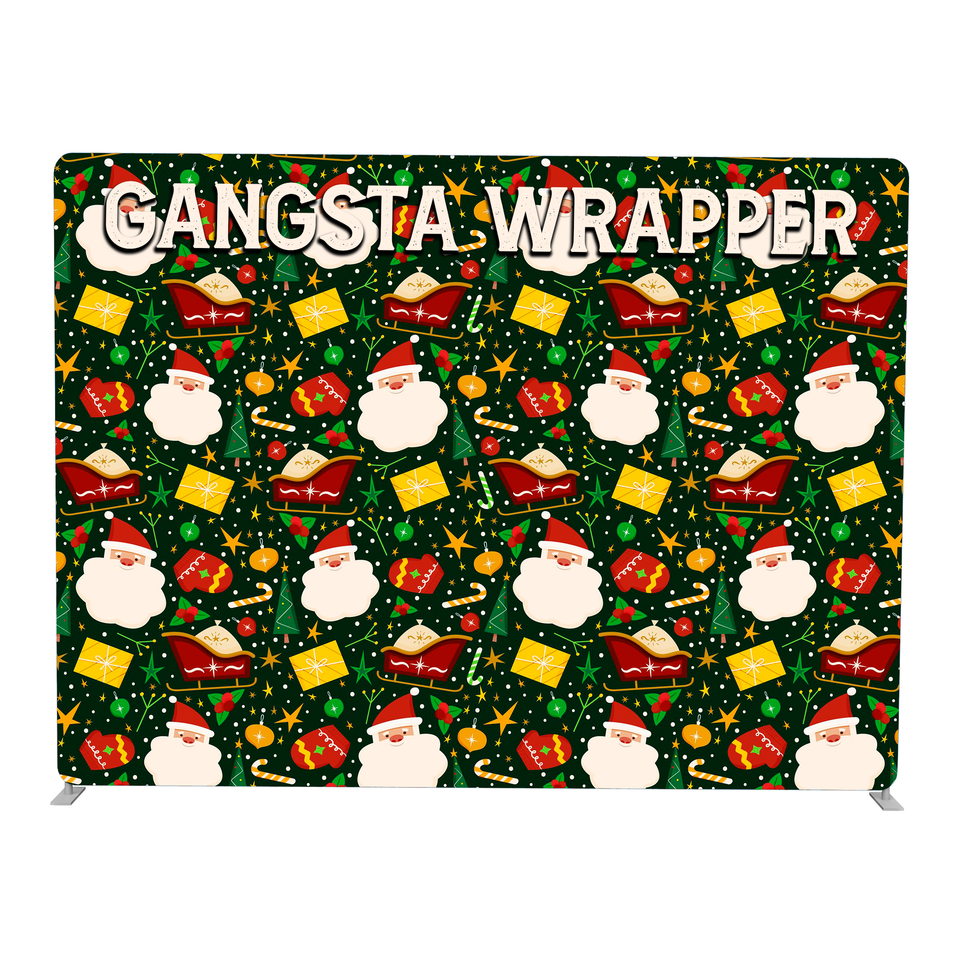 Gangsta Wrapper Christmas-themed product packaging with Santa Claus and presents on a green background.
