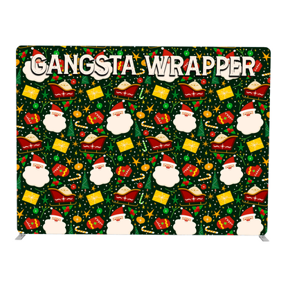 Gangsta Wrapper Christmas-themed product packaging with Santa Claus and presents on a green background.