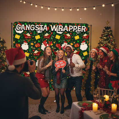 Group of people celebrating Christmas with a 'Gangsta Wrapper' backdrop.