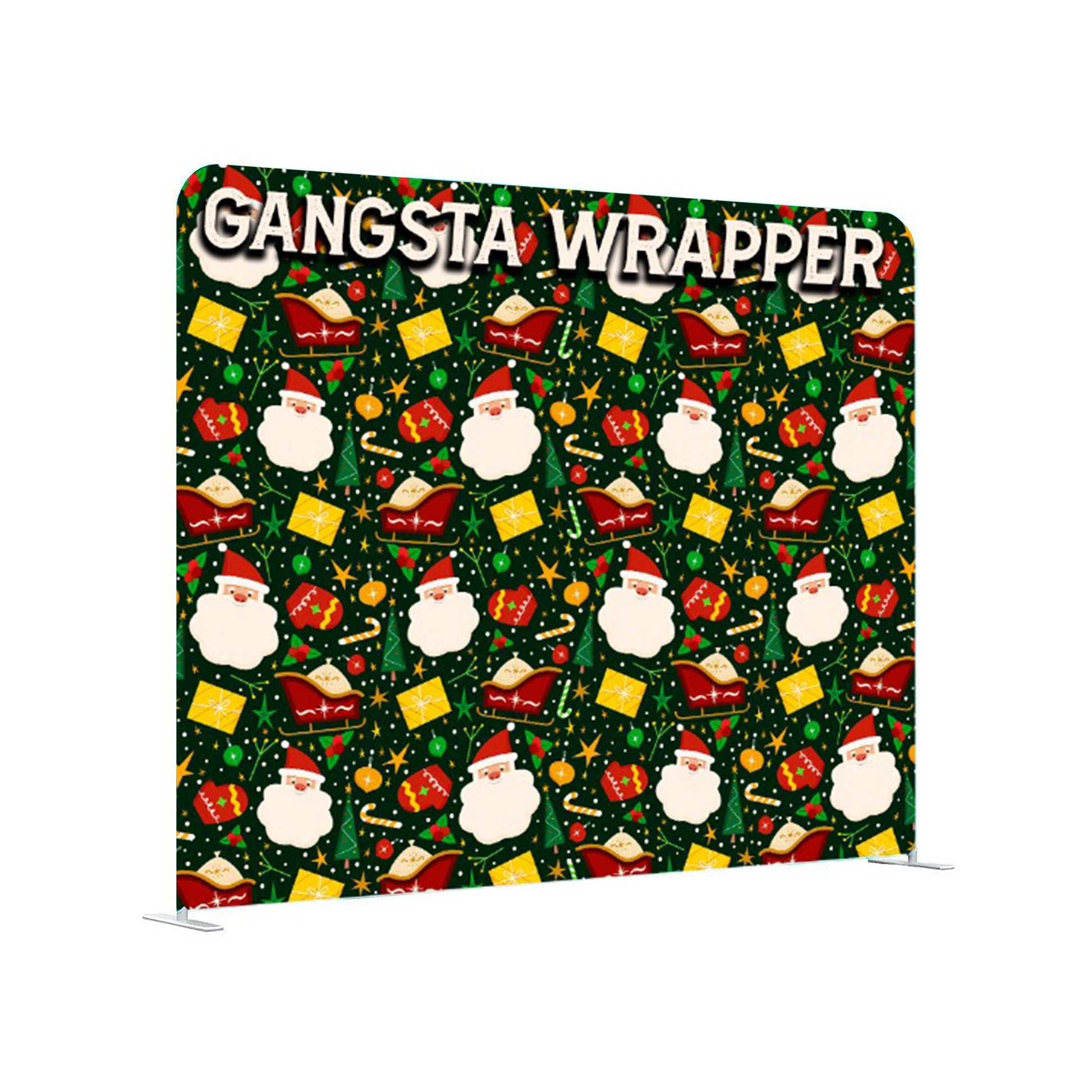 Gangsta Wrapper Christmas-themed backdrop with Santa Claus and presents on a green background.
