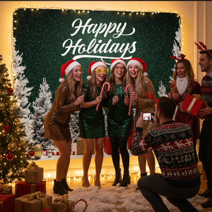 Group of people celebrating Christmas with a 'Happy Holidays' backdrop.