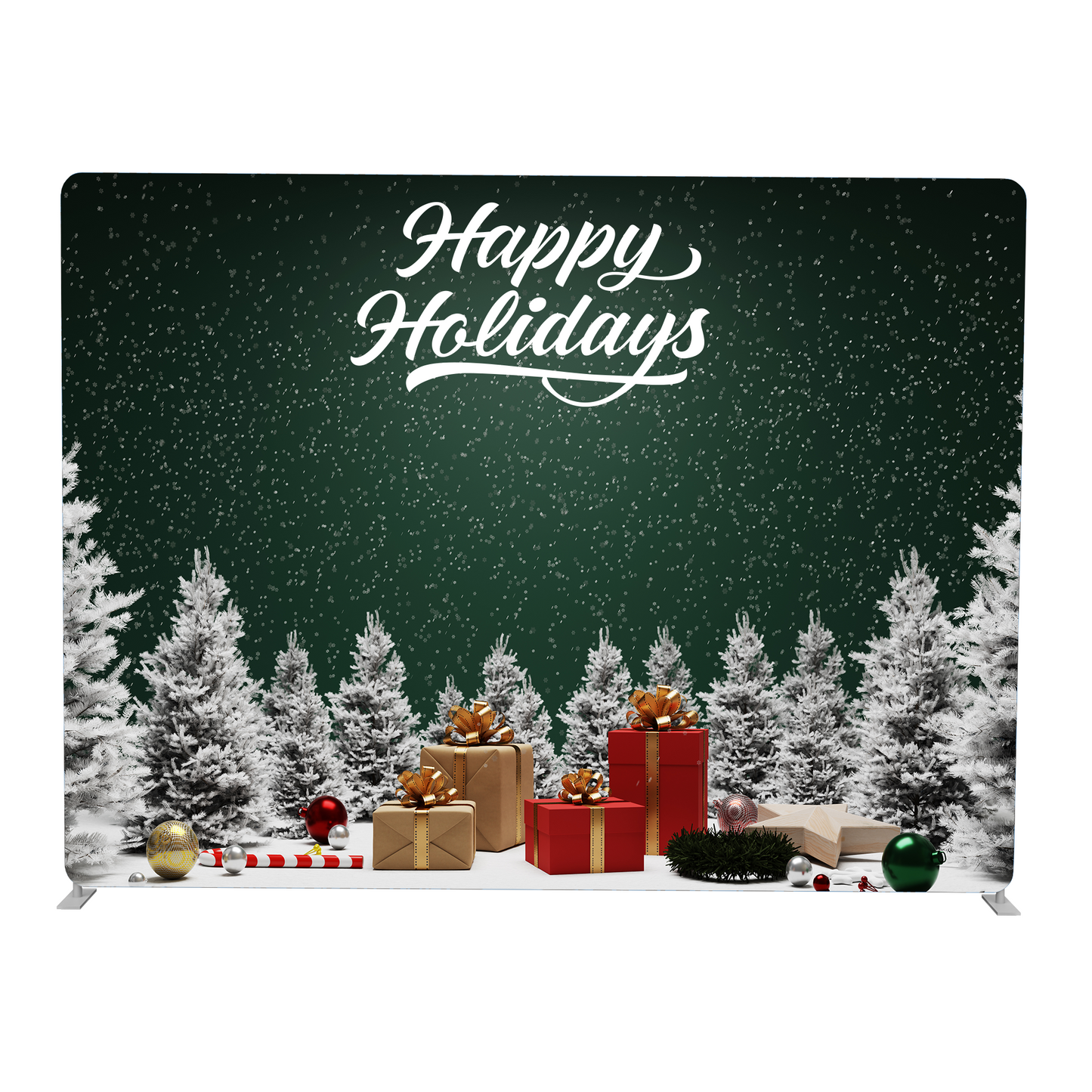 Festive backdrop with 'Happy Holidays' text, presents, and Christmas trees.