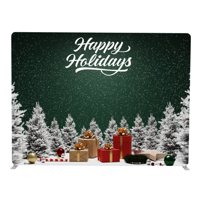 Festive backdrop with 'Happy Holidays' text, presents, and Christmas trees.