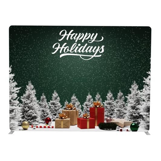 Festive backdrop with 'Happy Holidays' text, presents, and Christmas trees.