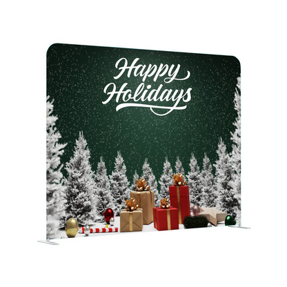 Happy Holidays backdrop with snowy landscape and presents