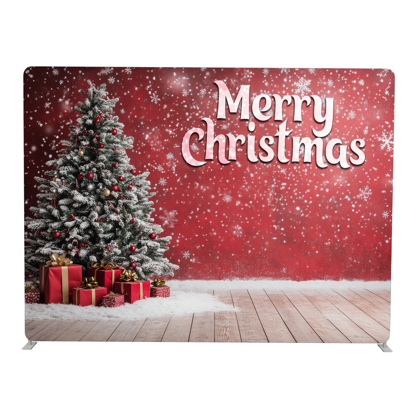 Christmas-themed backdrop with a tree, presents, and 'Merry Christmas' text on a red background.