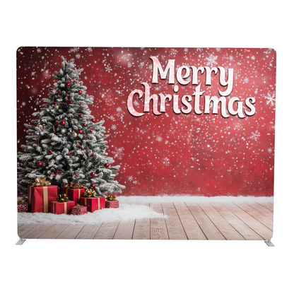 Christmas-themed backdrop with a tree, presents, and 'Merry Christmas' text on a red background.