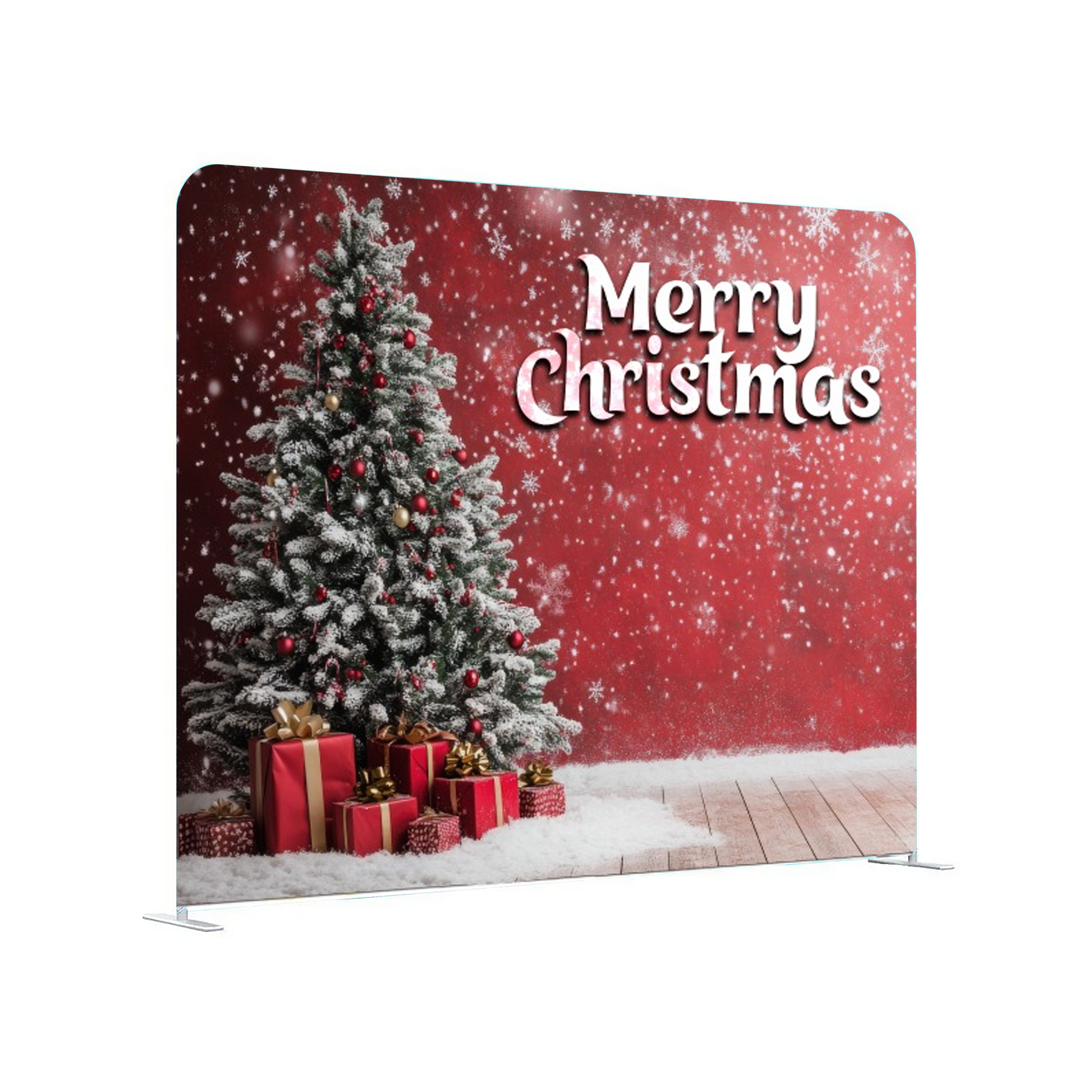 Christmas-themed backdrop with a tree, presents, and 'Merry Christmas' text on a red background.