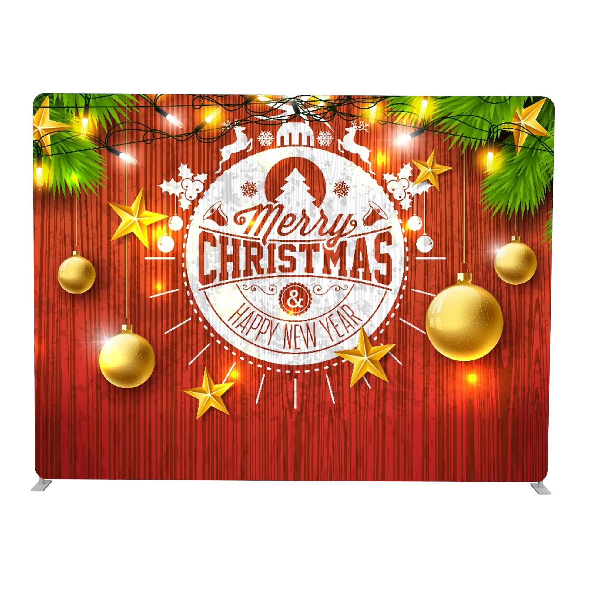 Christmas-themed backdrop with 'Merry Christmas & Happy New Year' text, gold ornaments, and festive decorations on a red background.