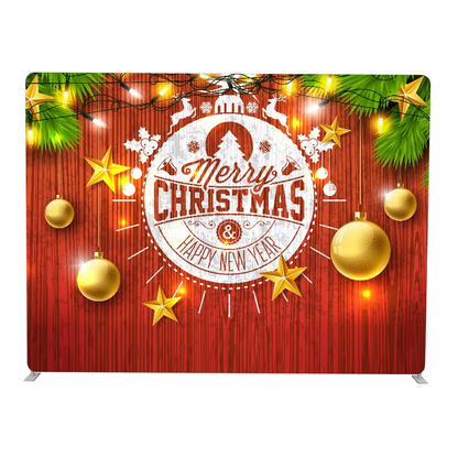 Christmas-themed backdrop with 'Merry Christmas & Happy New Year' text, gold ornaments, and festive decorations on a red background.