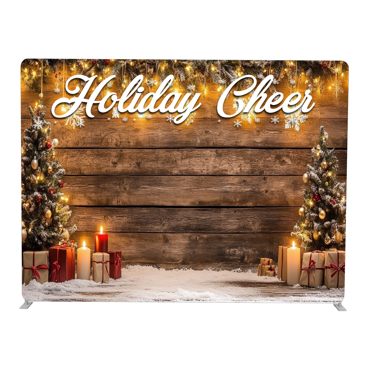Decorative backdrop with 'Holiday Cheer' text, Christmas trees, and presents on a wooden background.