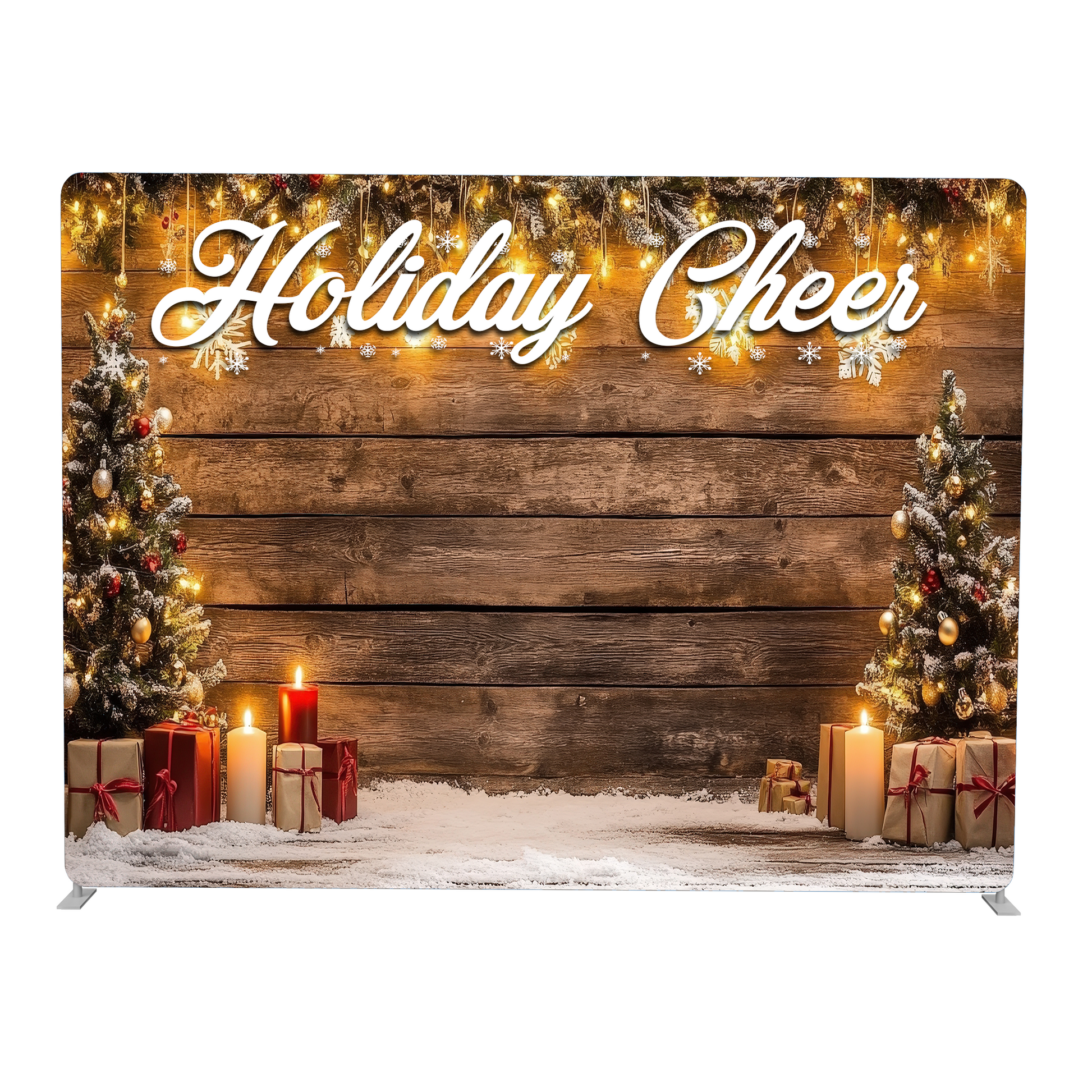 Decorative backdrop with 'Holiday Cheer' text, Christmas trees, and presents on a wooden background.