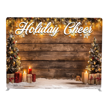 Decorative backdrop with 'Holiday Cheer' text, Christmas trees, and presents on a wooden background.