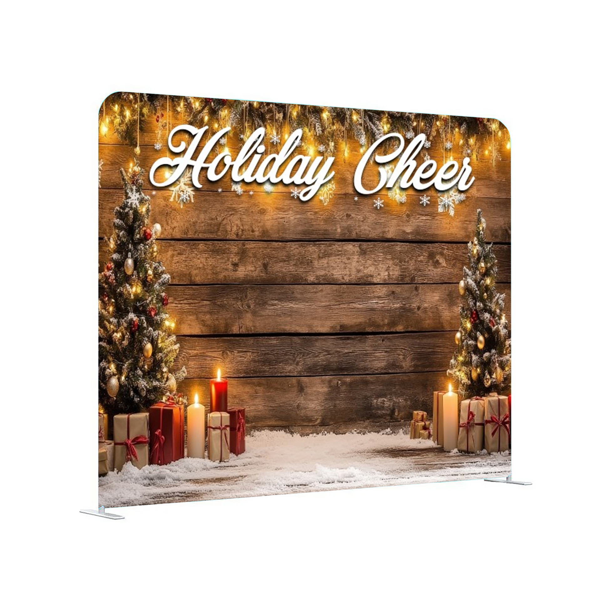 Holiday-themed backdrop with Christmas trees, presents, and 'Holiday Cheer' text on a wooden background.