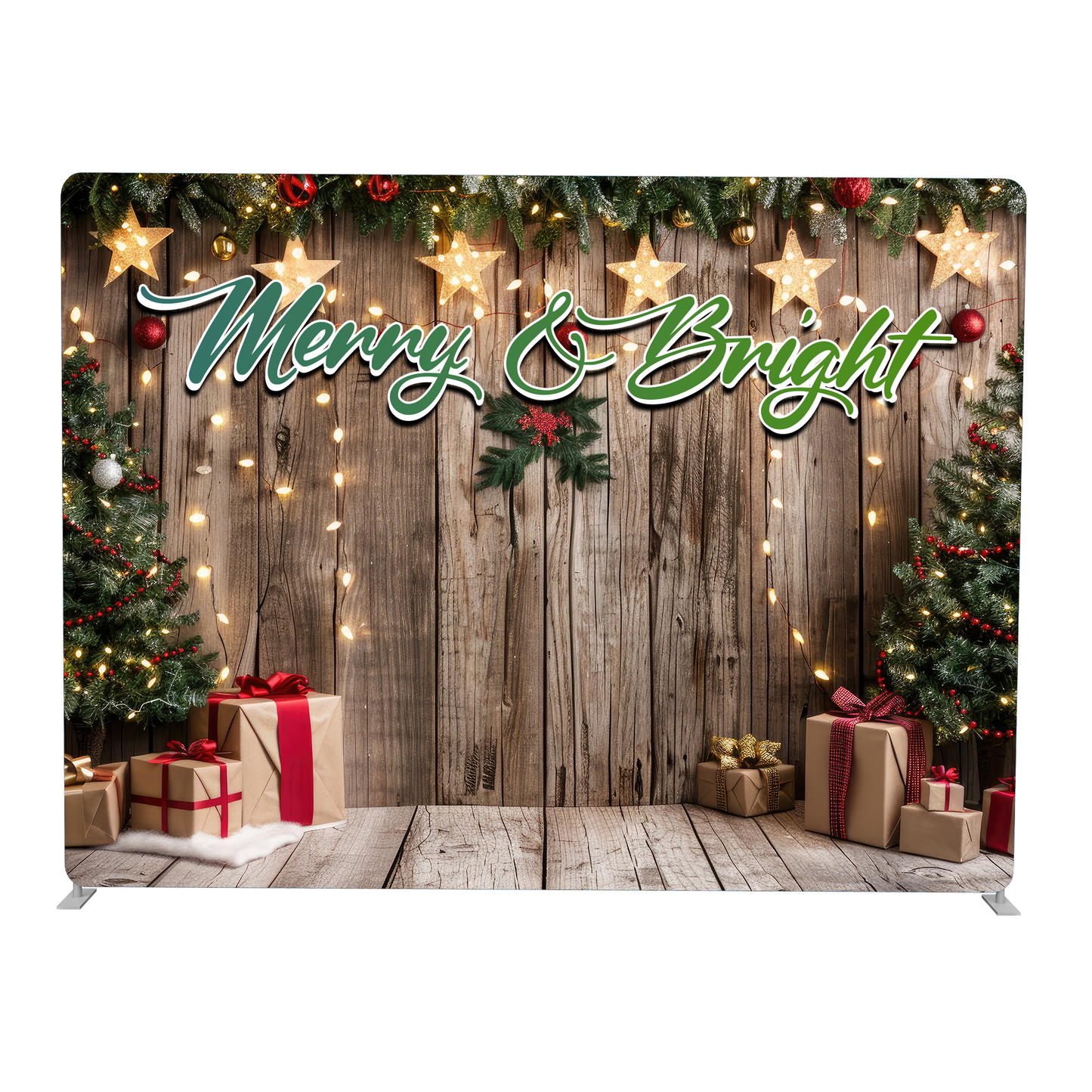 Christmas-themed backdrop with 'Merry & Bright' text, wooden panel, lights, and presents.