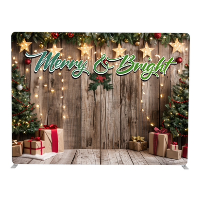 Christmas-themed backdrop with 'Merry & Bright' text, wooden panel, lights, and presents.