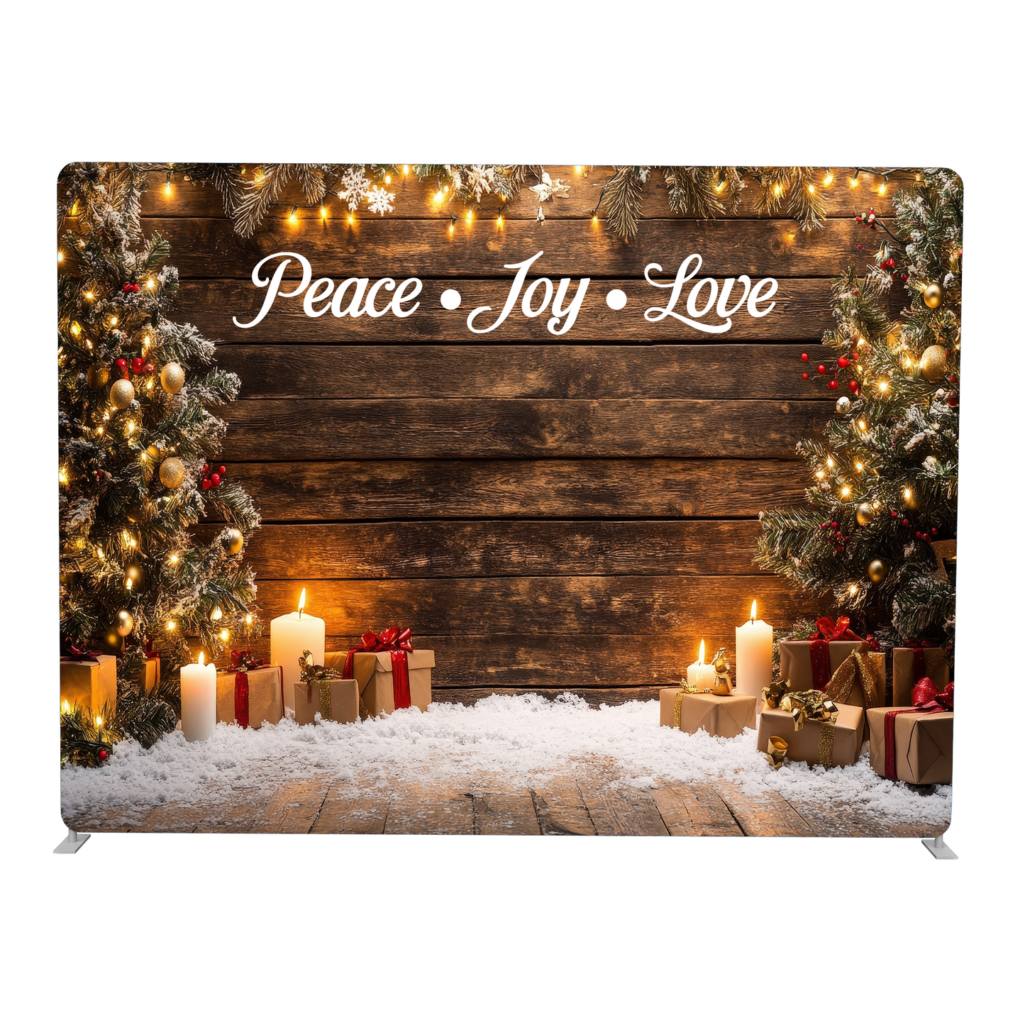 Christmas-themed backdrop with 'Peace Joy Love' text, decorated with lights, trees, and presents.