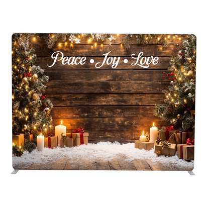 Christmas-themed backdrop with 'Peace Joy Love' text, decorated with lights, trees, and presents.