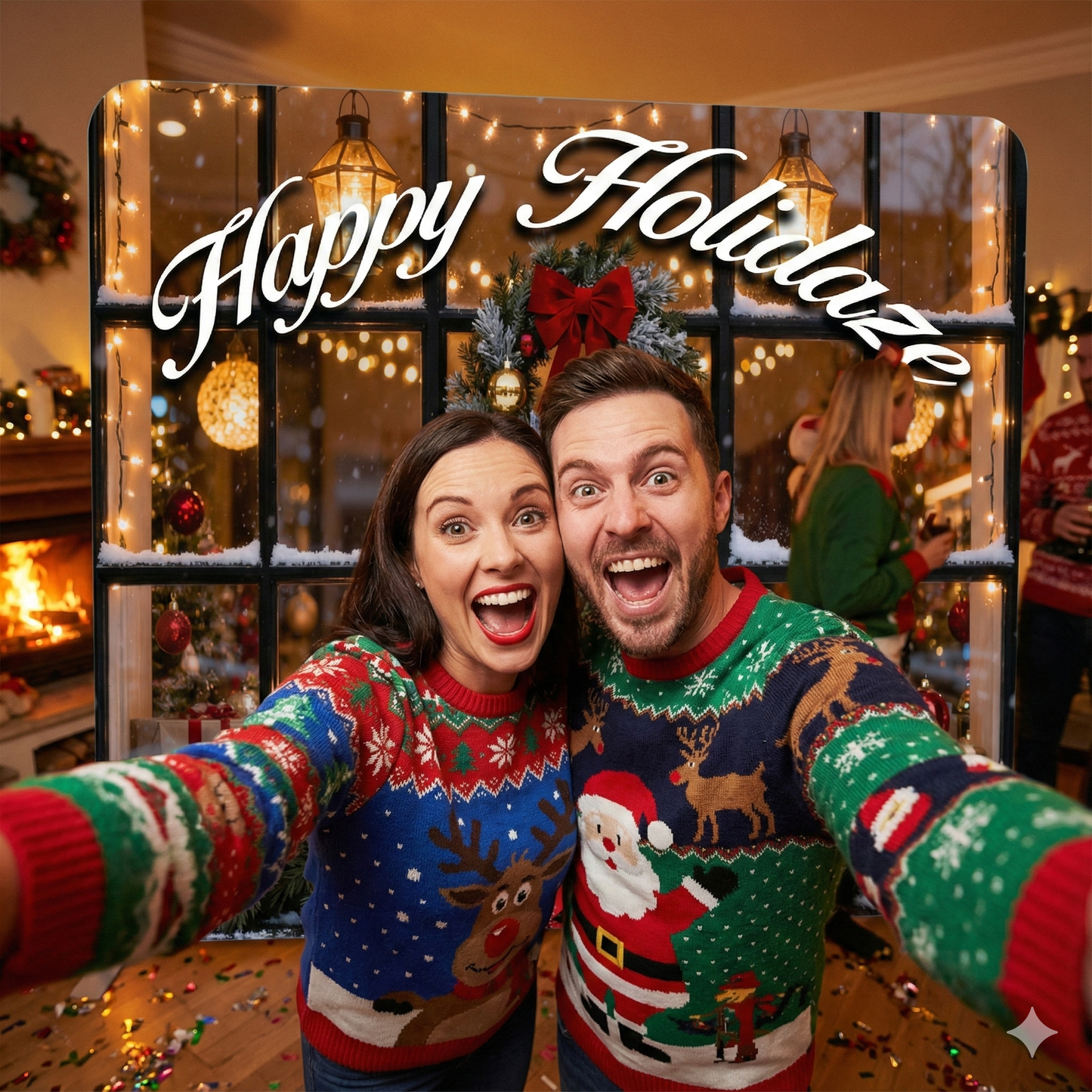 Two people wearing festive sweaters with a 'Happy Holidaize' sign in a decorated room.