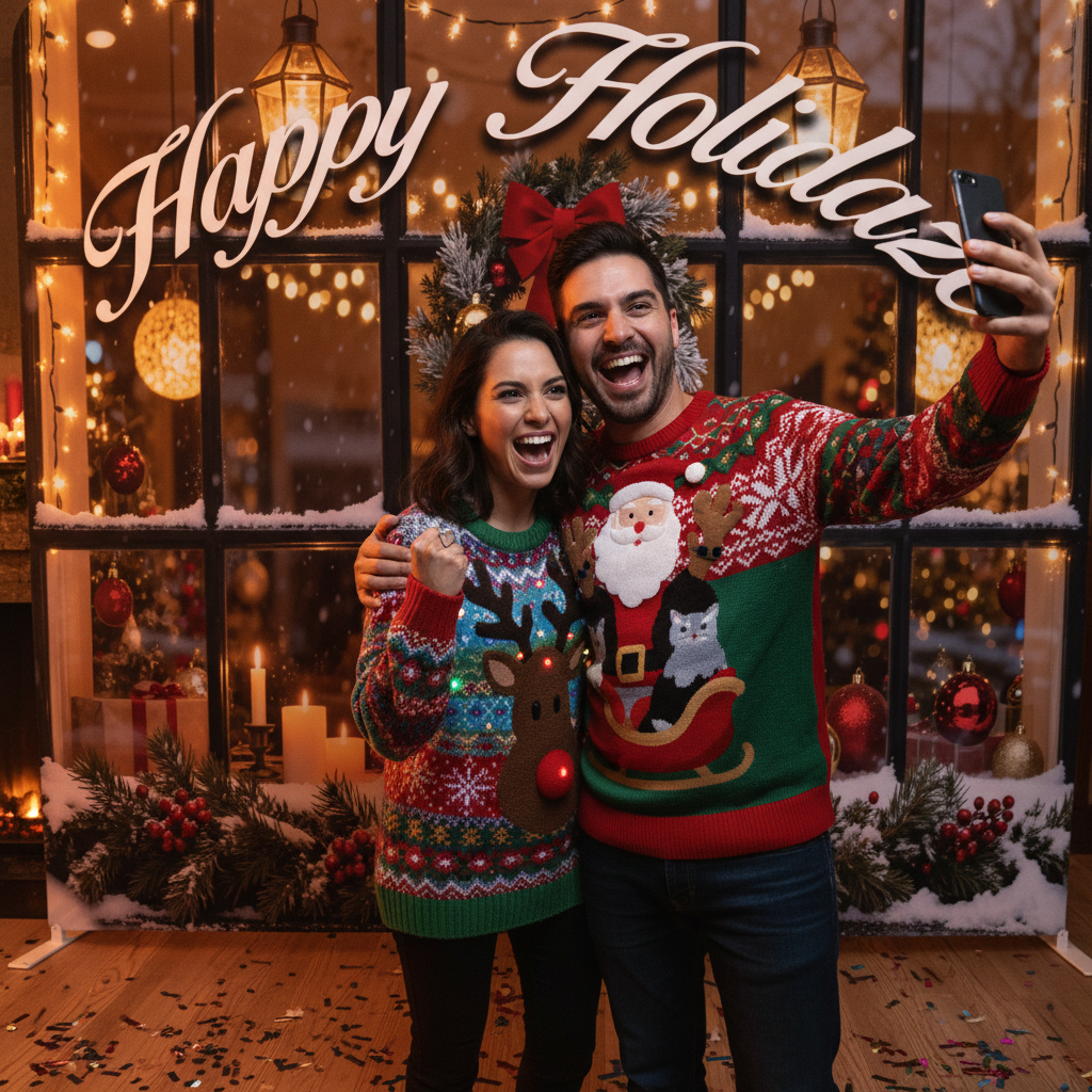 Two people in Christmas sweaters taking a selfie in front of a decorated window with 'Happy Holidaze' sign.