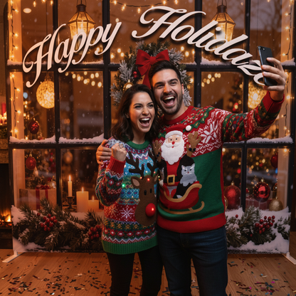 Two people in Christmas sweaters taking a selfie in front of a decorated window with 'Happy Holidaze' sign.