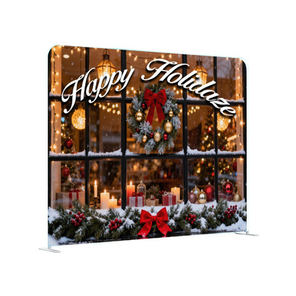 Christmas-themed backdrop with wreath, lights, and 'Happy Holidaze' text.
